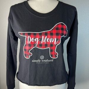 SIMPLY SOUTHERN Dog Mom Graphic Cropped Buffalo Plaid T Shirt Long Slv Cotton SM